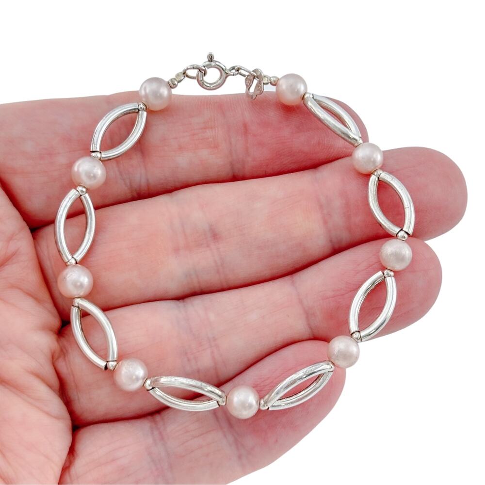 Vintage Sterling Silver 925 Pink Imitation Pearl Bracelet 7.5"